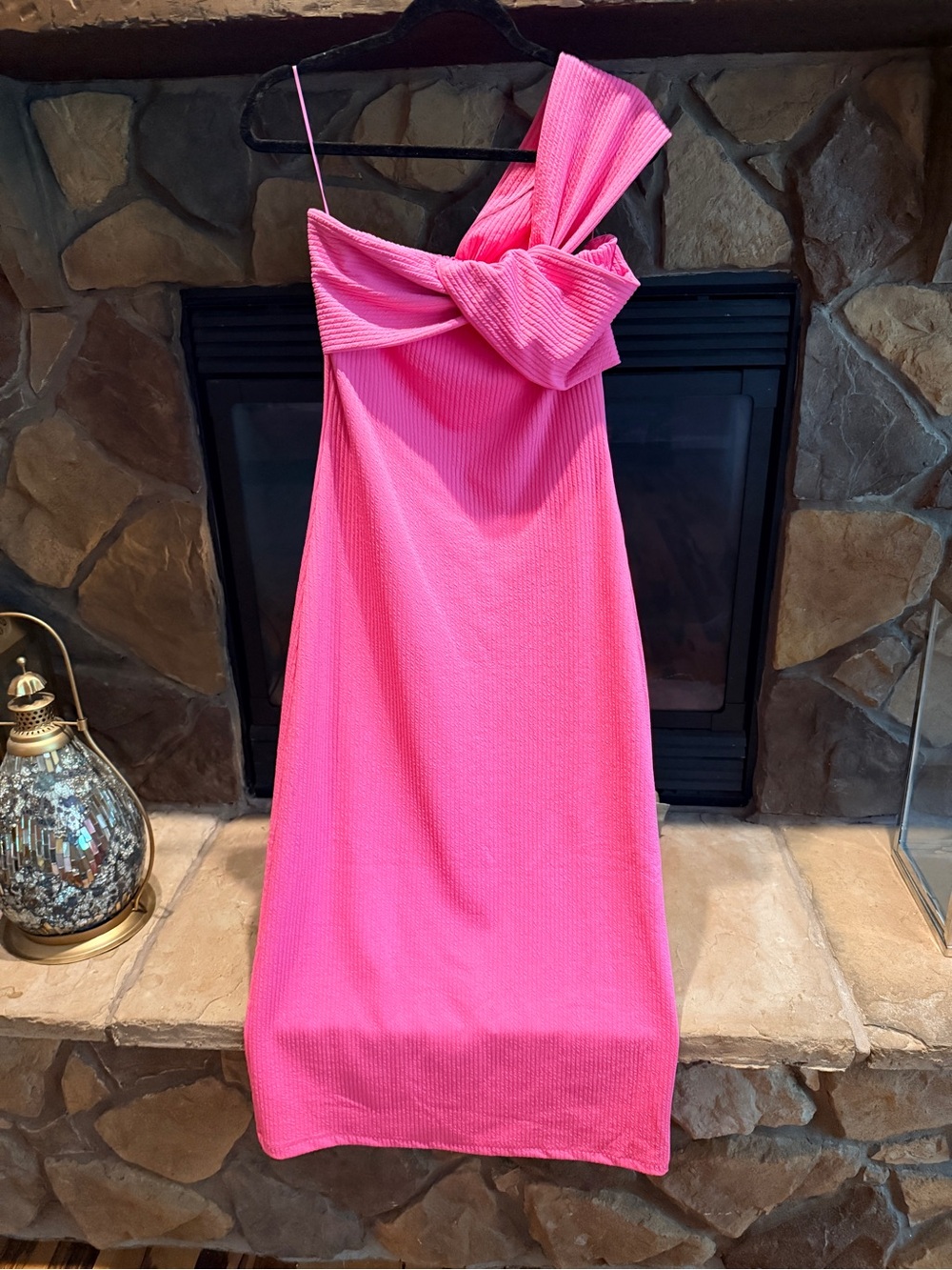 Anthropologie One-Shoulder Hot Pink Ribbed Midi Dress - Picture 6 of 9